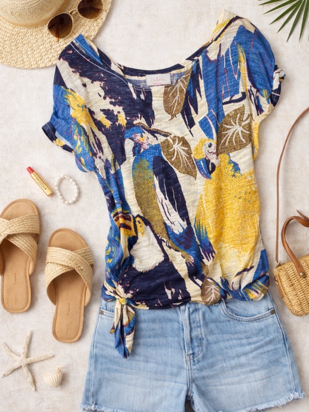 Deletta Tropical Parrot Print Top | Blue Yellow Rayon | Side Tie Blouse | Size L - Picture 2 of 6